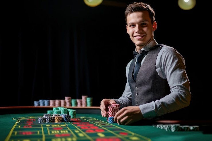 Antarmuka meja Caribbean Stud Poker langsung di aplikasi mobile brewek dengan dealer profesional